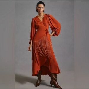 NWT Anthropologie Rust Wrap Dress with Fringe